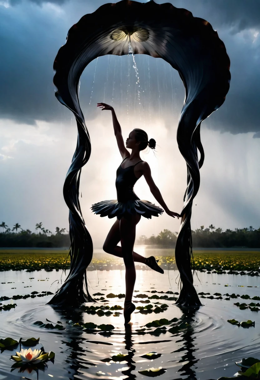 rainstorm,Rain splash,Huge waterspout,Girl shows black silhouette,Contrast with bright background,ballet silhouette,High contrast,Silhouette ballerina on the lake,lotus, lily pad,Shooting against the light,