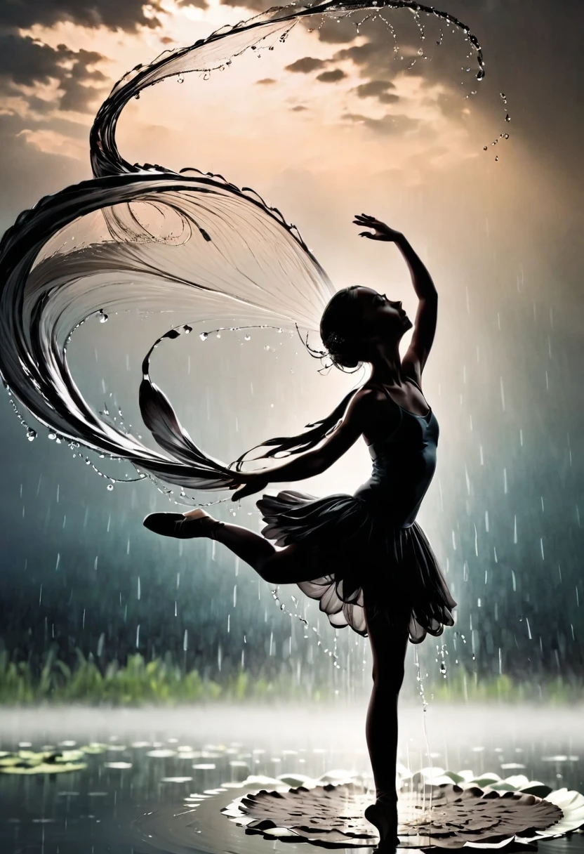 rainstorm,Rain splash,Huge waterspout,Girl shows black silhouette,Contrast with bright background,ballet silhouette,High contrast,Silhouette ballerina on the lake,lotus, lily pad,Shooting against the light,