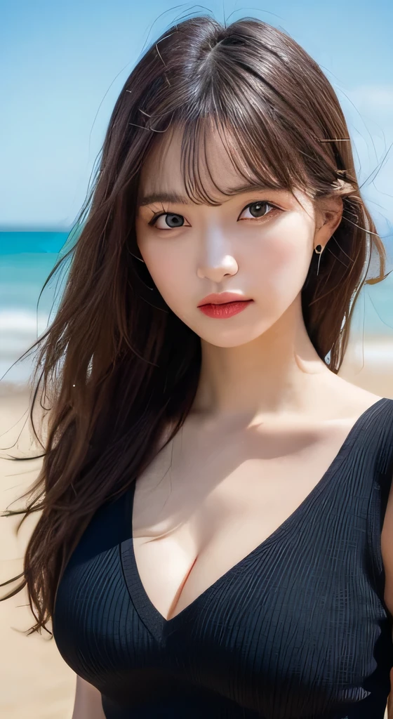 8K,Pieces fly, Highest quality, figure, Very detailed, finely, High resolution, 8k wallpaper, Perfect dynamic composition, Dark and beautiful eyes, Tight clothing, Random Cute Hairstyles, Natural color lip,At the Beach, Random cute poses,Cleavage