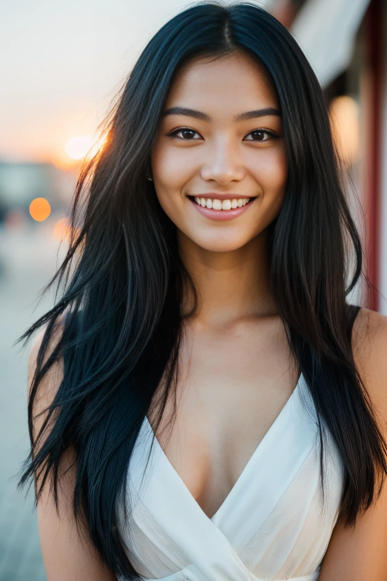  arafed woman with long black hair with deep blue high lights on the beach, flowing black hair, with black hair, photo of a beautiful woman, long flowing black hair, black golden hair, curly black hair, beautiful young asian woman, beautiful asian woman, wild ginger hair, black wispy hair, light black hair, a young asian woman, an asian woman, infp young woman, Portrait photo of a 22-year-old french girl in RAW UHD format (Brown-eyed woman), Details (textures! , Hair! , glistering, Color!! , imperfections: 1.1), DSLR Lighting, SLR camera, Ultra-Quality, sharpness, Film grain (Downtown), Fujifilm XT3, Crystal clear, Frame Center, beautiful face, ((sharp-focus)), bokeh (lit), day time, (open sky), detailed skin pores, oilly skin, suntan, Complex eye details, beautiful face, ((smiling)), detailed teeth