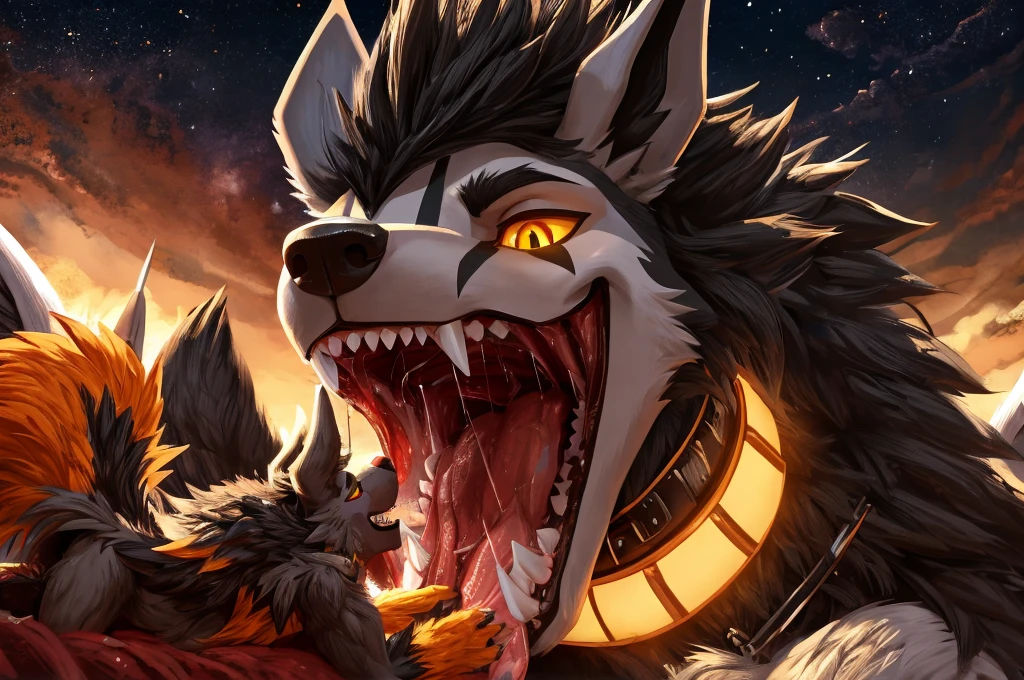 Macro Male Mightyena (pokemon), smug expression, big teeth, high contrast, 8k HD, detailed, hyper-detailed, furry vore, primary fur Grey, secondary fur Black, yellow eyes, orange spiky collar, best quality, ultra high res, Bully, Teasing, Flirty, Being worshipped