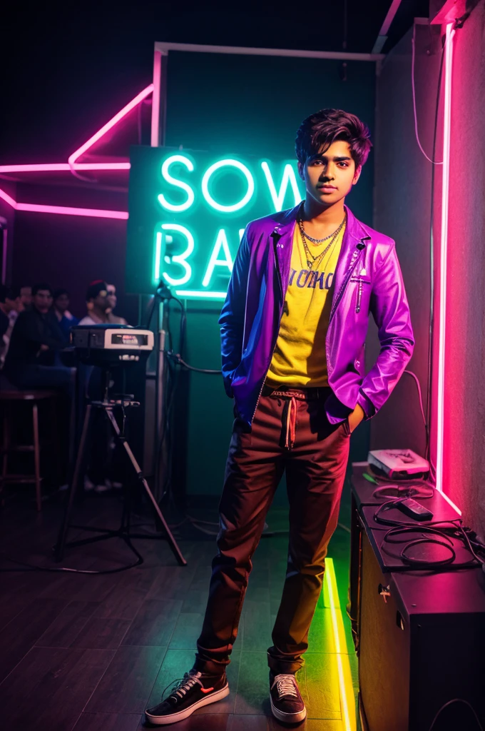 Create a image of boy singer and add text "Himanshu" In the background neon color