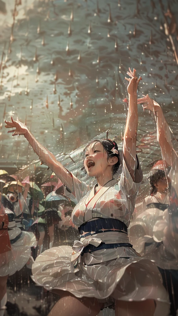 (from below:1.3), (((Emphasizing rain streaks:1.92))), (((super stormy,大型台風級of豪雨,like a rain of super typhoon:1.2)))of(((Singing and dancing wildly in the,A large crowd enjoying the Awa Odori dance:1.4))), 