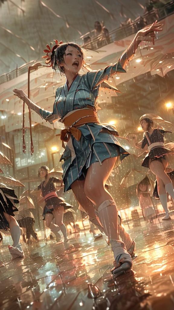 (from below:1.3), (((Emphasizing rain streaks:1.92))), (((super stormy,大型台風級of豪雨,like a rain of super typhoon:1.2)))of(((Singing and dancing wildly in the,A large crowd enjoying the Awa Odori dance:1.4))), 