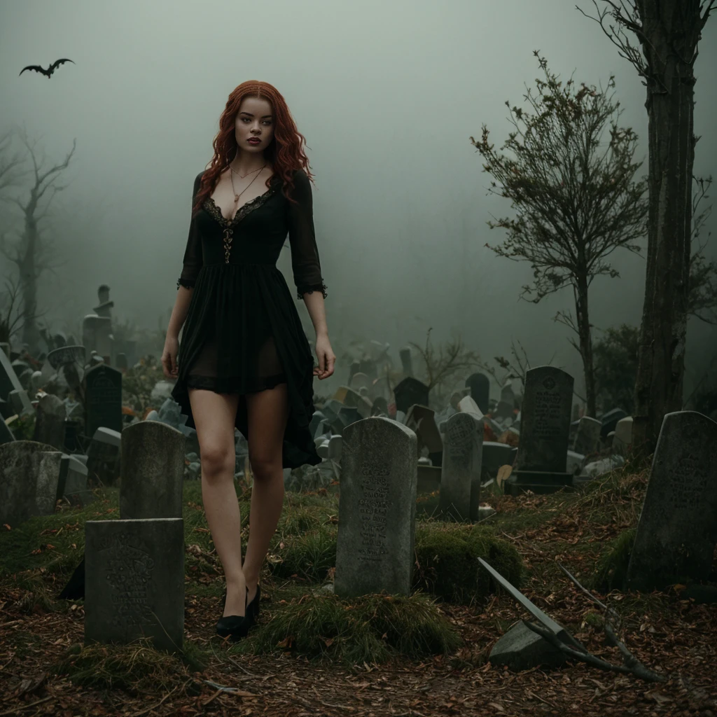 arafed woman in a black dress with short messy wavy red hair and a necklace, lotr, promotional still, joy vampire queen, artstyle tom bagshaw, beautiful female vampire, carmilla vampire, portrait of a elder witch, vampire fashion, samara weaving vampire, tom bagshaw weta studio, with red hair, photo still, witchy clothing, beautiful female witch in fog filled graveyard, full body figure