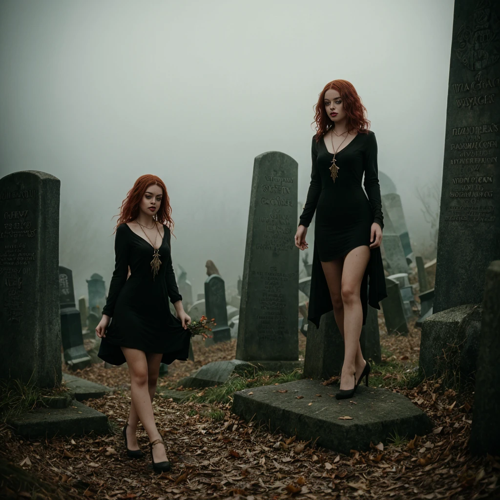 arafed woman in a black dress with short messy wavy red hair and a necklace, lotr, promotional still, joy vampire queen, artstyle tom bagshaw, beautiful female vampire, carmilla vampire, portrait of a elder witch, vampire fashion, samara weaving vampire, tom bagshaw weta studio, with red hair, photo still, witchy clothing, beautiful female witch in fog filled graveyard, full body figure