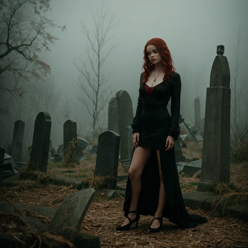 arafed woman in a black dress with short messy wavy red hair and a necklace, lotr, promotional still, joy vampire queen, artstyle tom bagshaw, beautiful female vampire, carmilla vampire, portrait of a elder witch, vampire fashion, samara weaving vampire, tom bagshaw weta studio, with red hair, photo still, witchy clothing, beautiful female witch in fog filled graveyard, full body figure