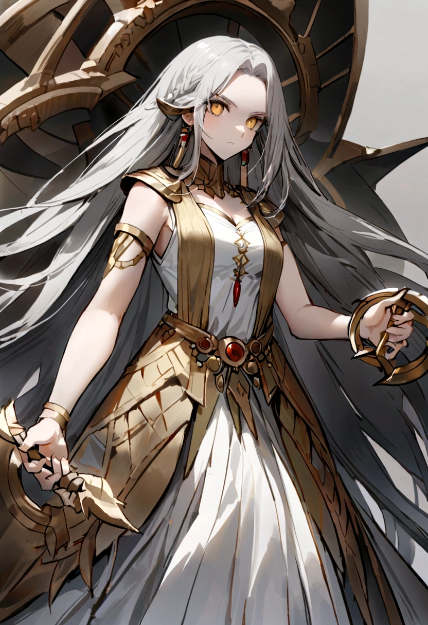 （Huang Li、high quality、Extremely detailed），Constellation - Libra goddess，Huge Code，Huge scales，Woman holding a scale，Similar to Latin goodness，brave，capricious，Productivity，The face of enterprising and humanitarianism，Gray hair，Ancient Greek costumes、Wrap Dress，The background is the palace，Golden Eyes（Eyes Details），Powerful appearance