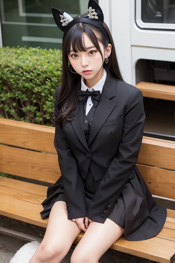 mejiro mcqueen, horse ears, ear ribbon, horse tailfrills, black jacket, bowtie, long sleeves, black skirt,sit with one&#39;s knees、sit with your heels on the ground、hold your knees with both hands、The shin is facing forward、The body is facing forward、sit with your heels on the ground、open legs、open crotch、black panties、8K photo、Live shooting、Highest image quality、masterpiece:1.2、real、photorealistic、high contrast、photon mapping、realism、Super detailed、professional lighting、Low - Angle:1.2)、(1 girl)、(solo:1.5)、(Height is 165 cm), (18 year old high school girl), (Japanese high school uniform)、(summer blouse:1.2)、(plaid short skirt:1.2)、(white shirt with student ribbon:1.2)、(squatting looking at the front)、(open crotch:1.2), (white panties:1.5)、(camel toe)、(white sneakers:1.2)、 (perfect proportions:1.2), (Hard to see from under the skirt:1.5), (Detailed female pubic shape is clearly visible:1.4), (have pubic hair:1.4), (textured skin)