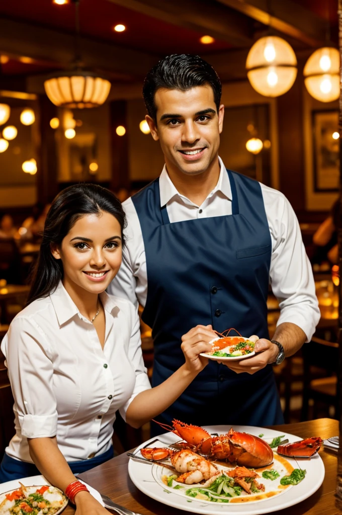 Woman sitting in a seafood restaurant. Eating lobster with the salsa dancing waiter