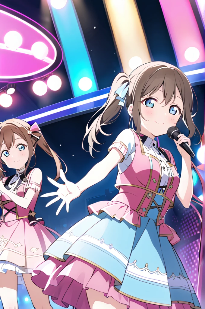 Sakurazaka Shizuku Dark brown hair Long Hair Long twin tails Light blue eyes ((1People Girls)) Pink dress smile Live Stage LoveLive microphone one man live Hair Ribbon