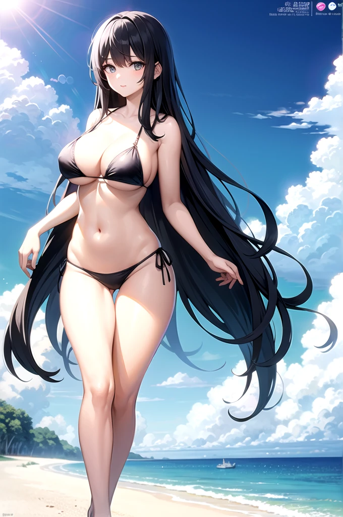 18 year old beautiful girl、shiny black hair、Hime cut、J-cup huge breasts、172cm tall、Long legs、Gravure idol、bikini、Sandy Beach、Blue sky