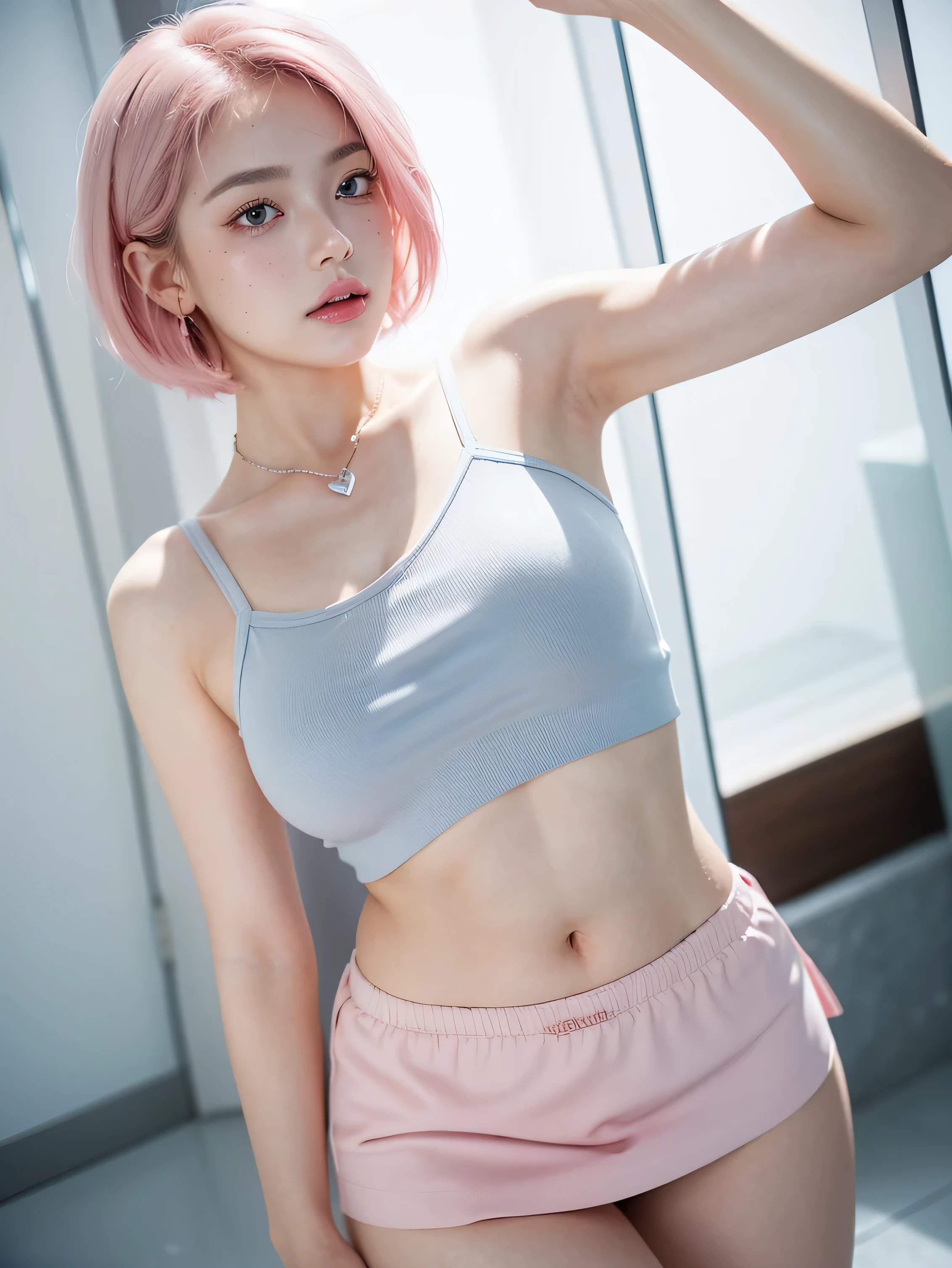 Background ( japanese style ) , camara angle below, Standing, Holding her skirt up exposing her underpants little bit wet by her vagina, shy, sexy, lustful, cute girl short pink hair, wearing mini skirt and Dark blue blue blue blue blue blue colour shirt ,all her hair short pink , with a star clip in her pink hair, light colored eyes, pretty eyes, crying eyes, pretty, upturned nose, watery nose, Pretty lips, pink lips, heart and cupid shaped lip, pretty skin, pale, White skin, with moles and freckles all over his face, soft pink blush on the cheeks, natural pink blush, soft pink makeup, Jennie, nice neck, marked collar, frown, tender look, with a kiss necklace, while having a bare abdomen, Delgado, marked and pretty, (big breasts, soft breasts, nice breasts), photorealism, 8k , photorealistic