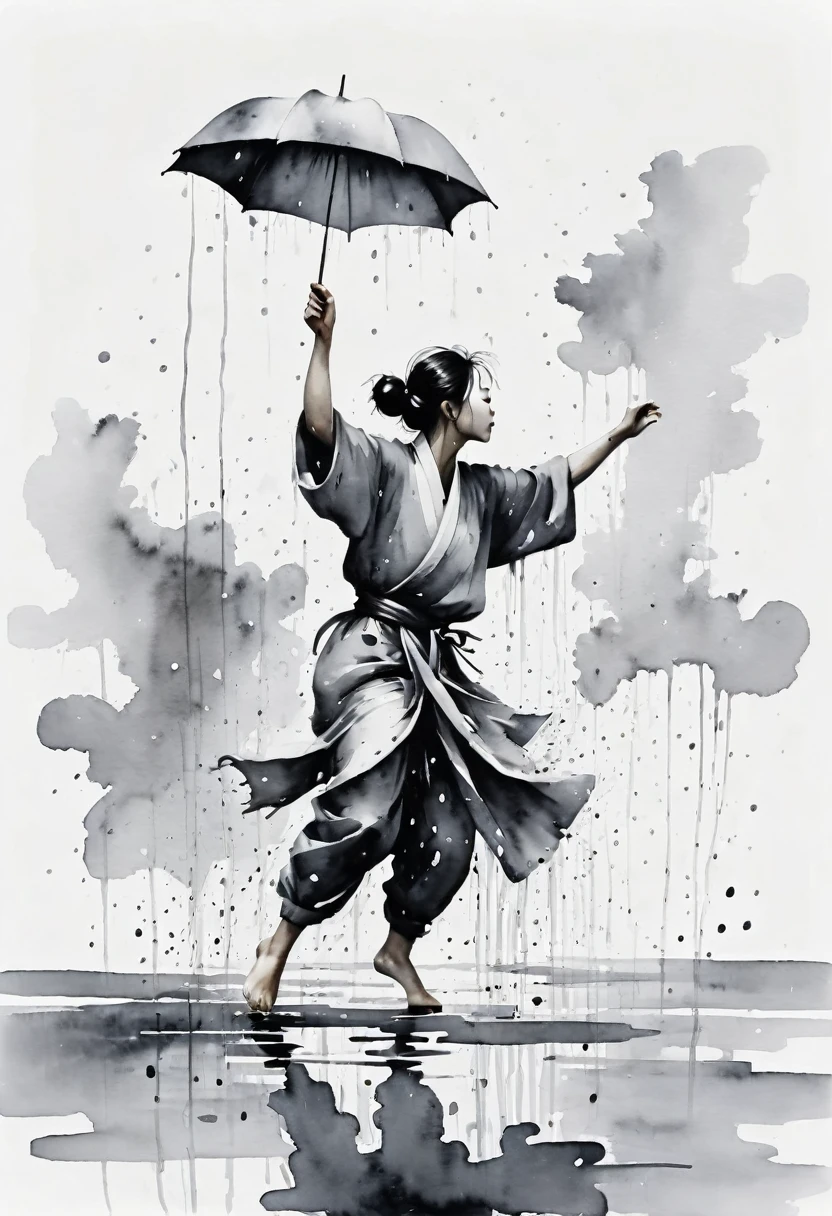 中国Ink Painting, Gray and White, Minimum,White background,Waterway, Minimalism, Huge negative space, Ink Painting, Abstract,heavy rain,A person dancing in the rain