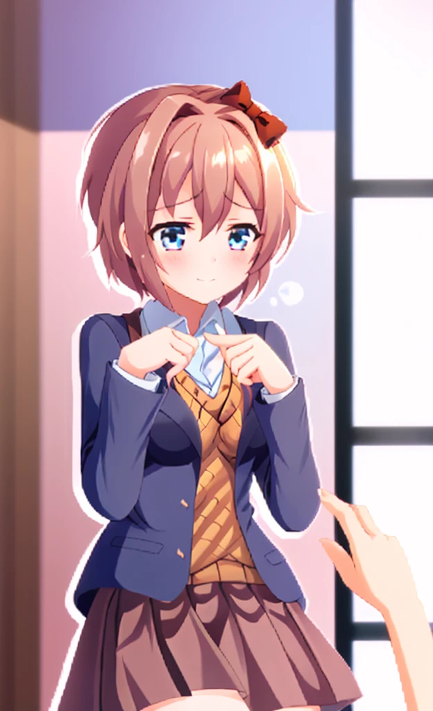 one girl, Sayori, DDLC, school blazer, hair bow, close to girl, light blue eyes, beautiful, index finders together, ashamed, blush, upward glance, dry smile, index finders, shifty eyes, short skirt, girl focus