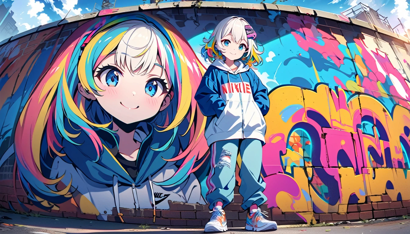 HD 8K Handsome cute, Solitary, 1 female, Medium Length Hair, white hair, Rainbow hair, blue Eyes, happy smile, Rainbow headphone, hoodie, colored hoodie, denim shorts, sneakers logo to NIKE, Human focus, outdoor, blue sky, White clouds, graffiti Popularity spray art panoramic wall,