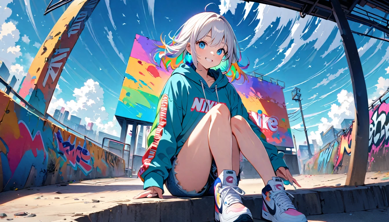 HD 8K Handsome cute, Solitary, 1 female, Medium Length Hair, white hair, Rainbow hair, blue Eyes, happy smile, Rainbow headphone, hoodie, colored hoodie, denim shorts, sneakers logo to NIKE, Human focus, outdoor, blue sky, White clouds, graffiti Popularity spray art panoramic wall,