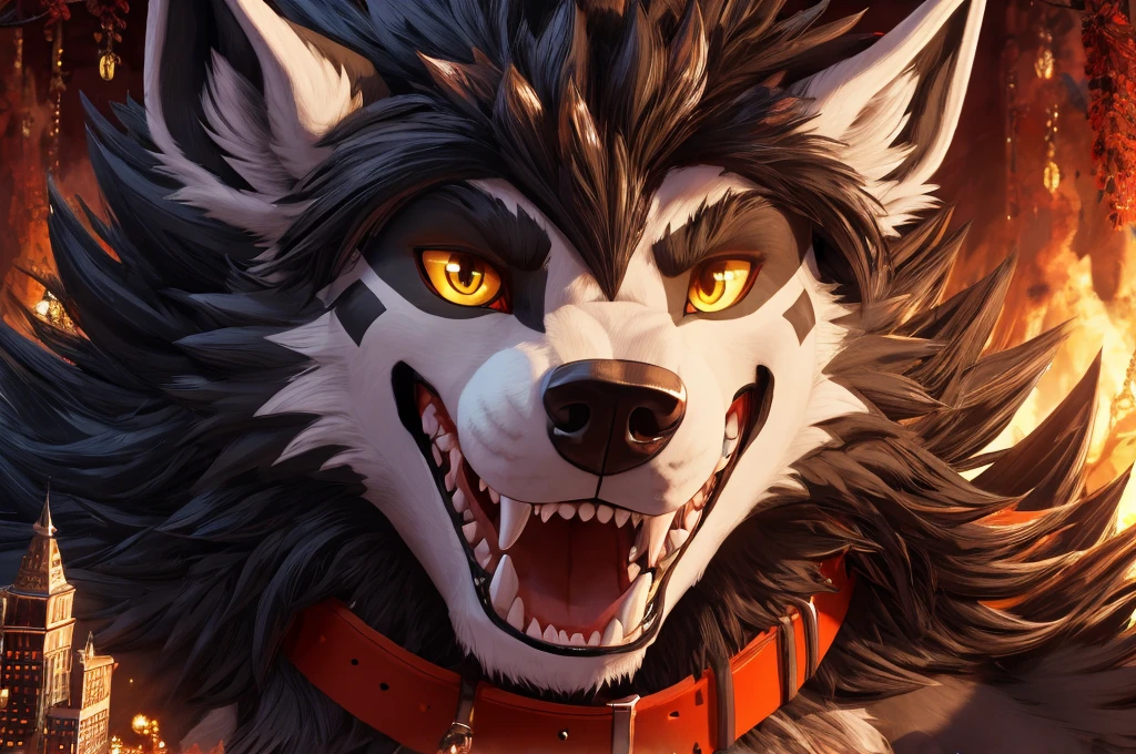 Macro Male Mightyena (pokemon), smug expression, big teeth, high contrast, 8k HD, detailed, hyper-detailed, furry vore, primary fur Grey, secondary fur Black, yellow eyes, orange spiky collar, best quality, ultra high res, Bully, Teasing, Flirty, Being worshipped