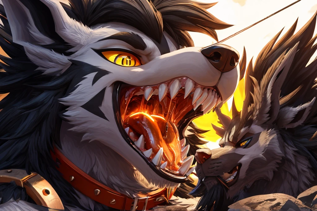 Macro Male Mightyena (pokemon), smug expression, big teeth, high contrast, 8k HD, detailed, hyper-detailed, furry vore, primary fur Grey, secondary fur Black, yellow eyes, orange spiky collar, best quality, ultra high res, Bully, Teasing, Flirty, Being worshipped