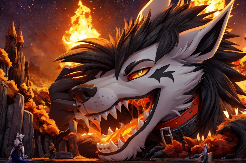 Macro Male Mightyena (pokemon), smug expression, big teeth, high contrast, 8k HD, detailed, hyper-detailed, furry vore, primary fur Grey, secondary fur Black, yellow eyes, orange spiky collar, best quality, ultra high res, Bully, Teasing, Flirty, Being worshipped