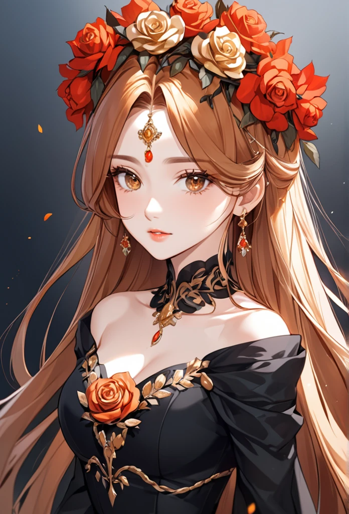 a pretty woman, she has black flowing hairs, and her eyes are brown, she wore a black gown with golden rose, red flower crown on her head, brown eyes. Manhwa style.