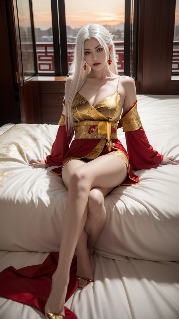 Woman with white hair and yellow eyes, mostrando os peitos, legs open showing pussy, with an angry face and a provocative look. Wearing gold and black traditional Chinese imperial clothing, with red Hanafuda earrings, with a short red skirt. On your knees in a hotel room bed, with a sunset in the window in the background.