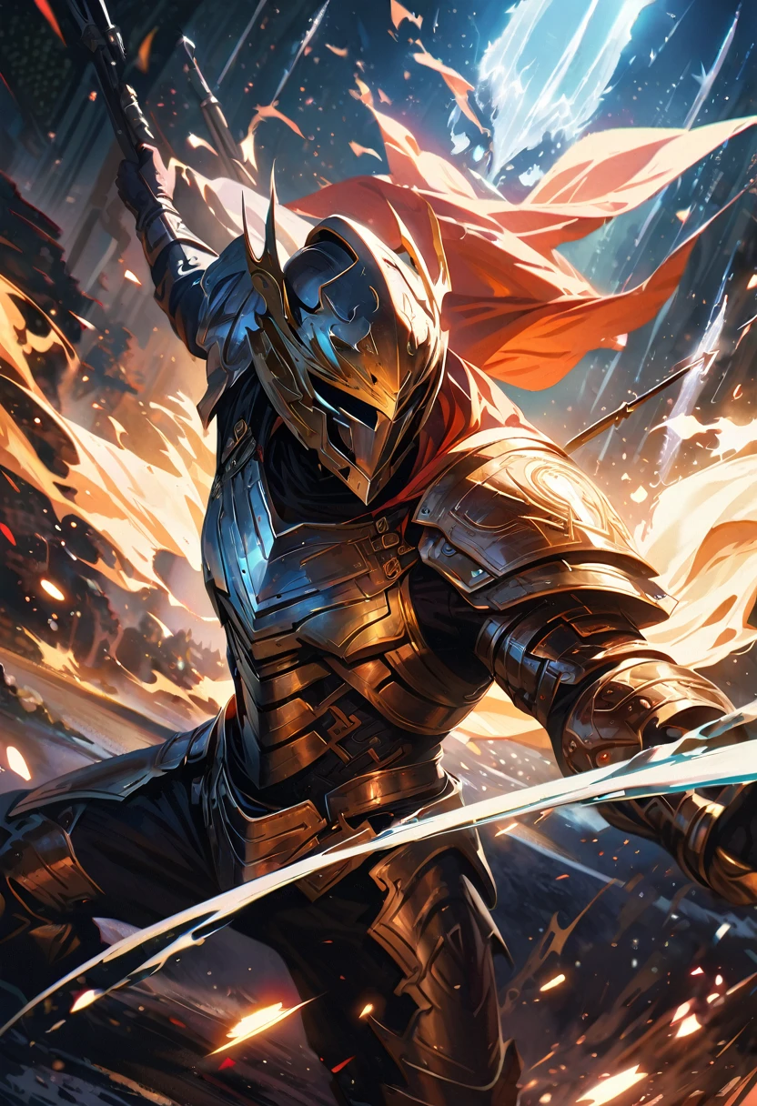 a fantasy warrior with a tiger helmet, shining holy armor, ice elemental, highly detailed, digital painting, cinematic lighting, dramatic pose, ultra-realistic, volumetric lighting, photorealistic, 8k, HDR, intricate details, masterpiece, long javelin, dynamic pose