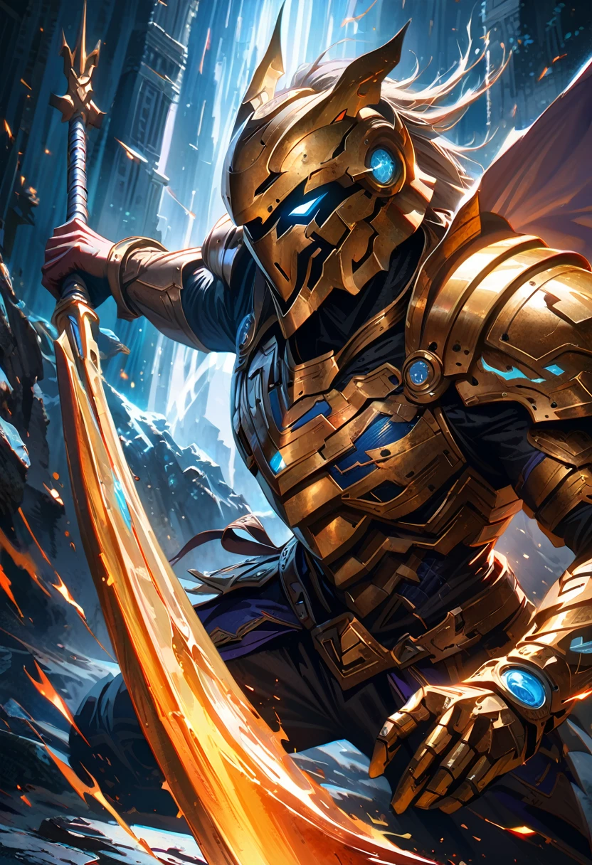 a fantasy warrior with a tiger helmet, shining holy armor, ice elemental, highly detailed, digital painting, cinematic lighting, dramatic pose, ultra-realistic, volumetric lighting, photorealistic, 8k, HDR, intricate details, masterpiece, long javelin, dynamic pose