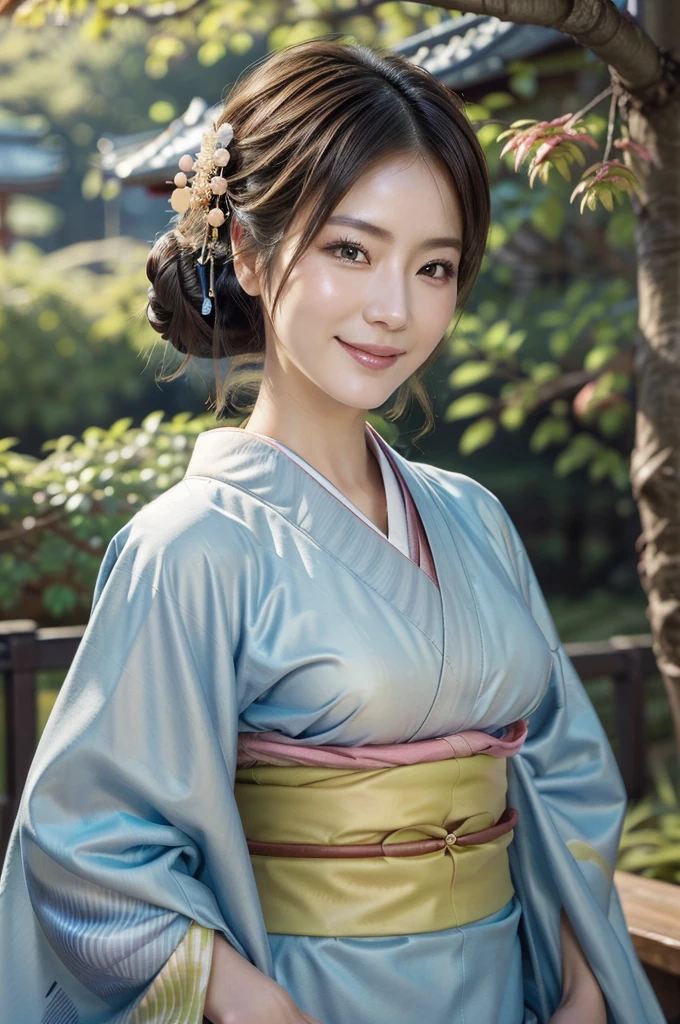 (masterpiece, highest quality, Realistic, High resolution, photograph, :1.3), Sharp focus, 1 Cute Japanese mature woman, 40 years old, Hot Model, gentle face, Highly detailed eyes and pupils, Realistic Skin, ((Voluptuous body)), Neckline, Highly detailed hair, Delicate face, Sensual look, Bright lips, Chubby lips, Natural Lip, big thick thighs, ((kimono:1.5)), ((whole body shot)), looking at viewer, smile, ((from below)), (((Trendy hairstyles:1.2))), ((hair ornament:1.2)), autumn setting, autumn trees and leaves