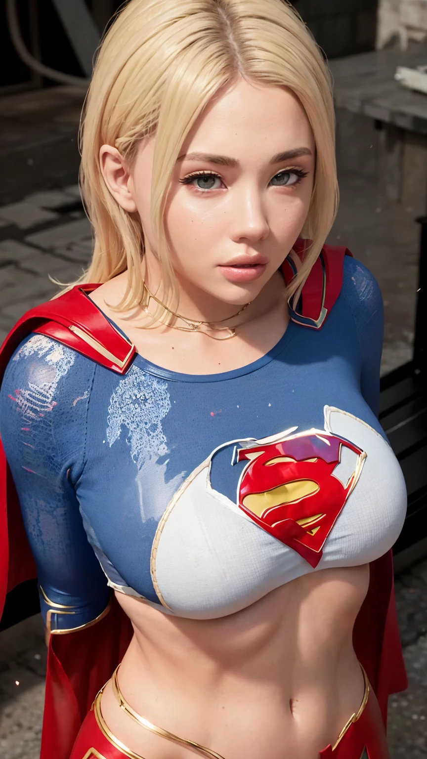 ((Best Supergirl Quality)), ((Masterpiece)), (Detailed: 1.4), 3D, a Detailed Image to Actress Imogen Poots Cyberpunk,HDR (High Dynamic Range),Ray Tracing,NVIDIA RTX,Super-Resolution,Unreal 5,Subsurface Scattering, PBR Texture, Post-processing, Anisotropic Filtering, Depth of Field, Maximum Clarity and Sharpness, Multilayer Textures, Albedo and Specular Maps, Surface Shading, Accurate Simulation of Light-Material Interaction, Perfect Proportions,  Octane Render, Two-Tone Lighting,Wide Aperture,Low ISO,White Balance,Rule of Thirds,8K RAW, using Superman S symbol on chest. Cyberpunk.