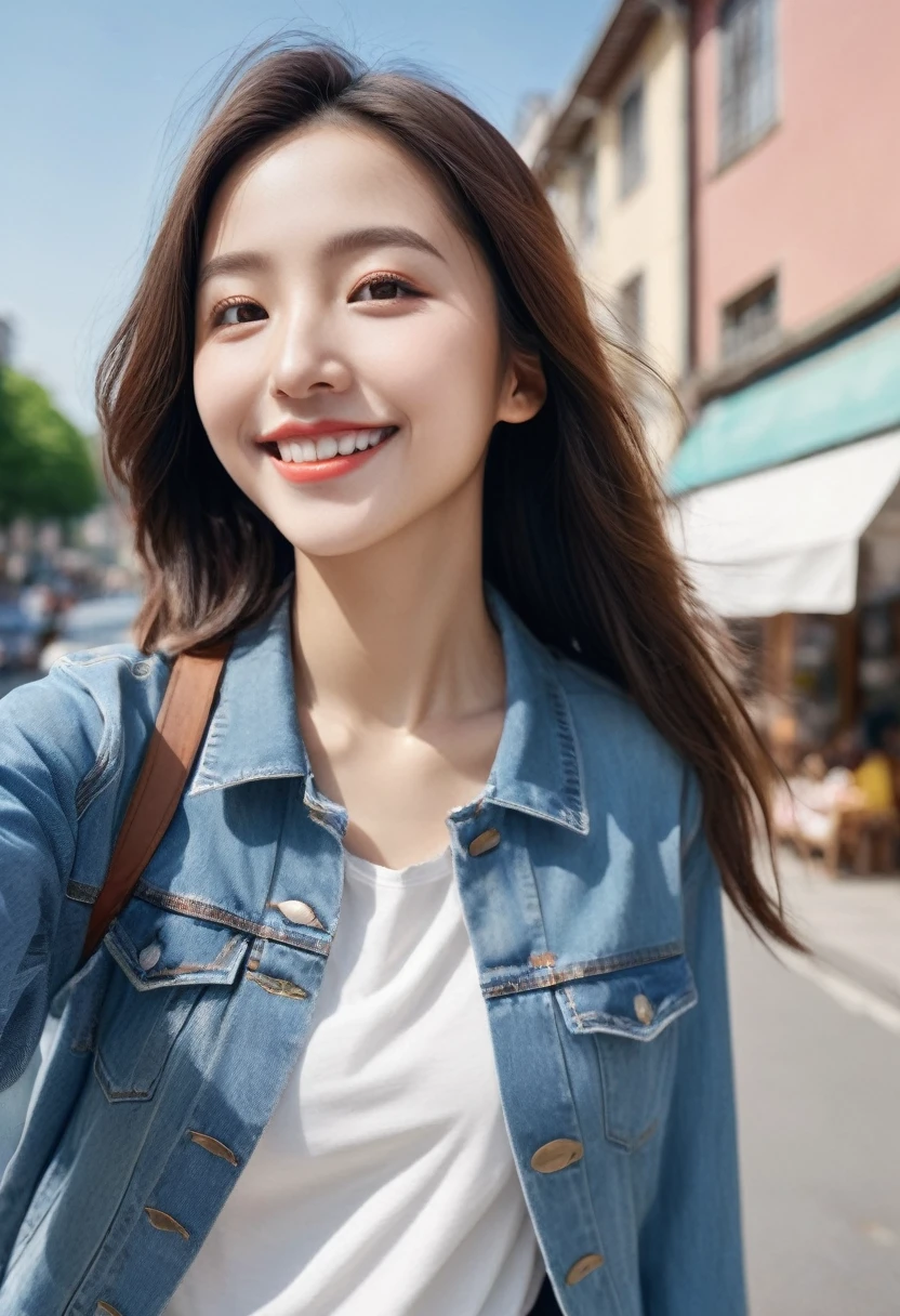 (masterpiece:1.5), highest quality, Super detailed, very detailed, exquisite, 16k, Full HD, very aesthetic, absurdres, realistic style, 1girl, high school girl, beautiful, female, 17 years old, shoulder-length brown hair, brown hair, joyful smile, extreme close-up of lips, glossy, slightly parted, trendy casual fashion, denim jacket, white T-shirt, shorts, sneakers, holding smartphone, taking a selfie, busy street with cafes and boutiques, sunny afternoon, bright sunlight on girl's face, soft shadows, people and bicycles in the background, blue sky and tall buildings in the distance, sharp focus on subject, vivid colors, cheerful and lively atmosphere, warm sunlight feel