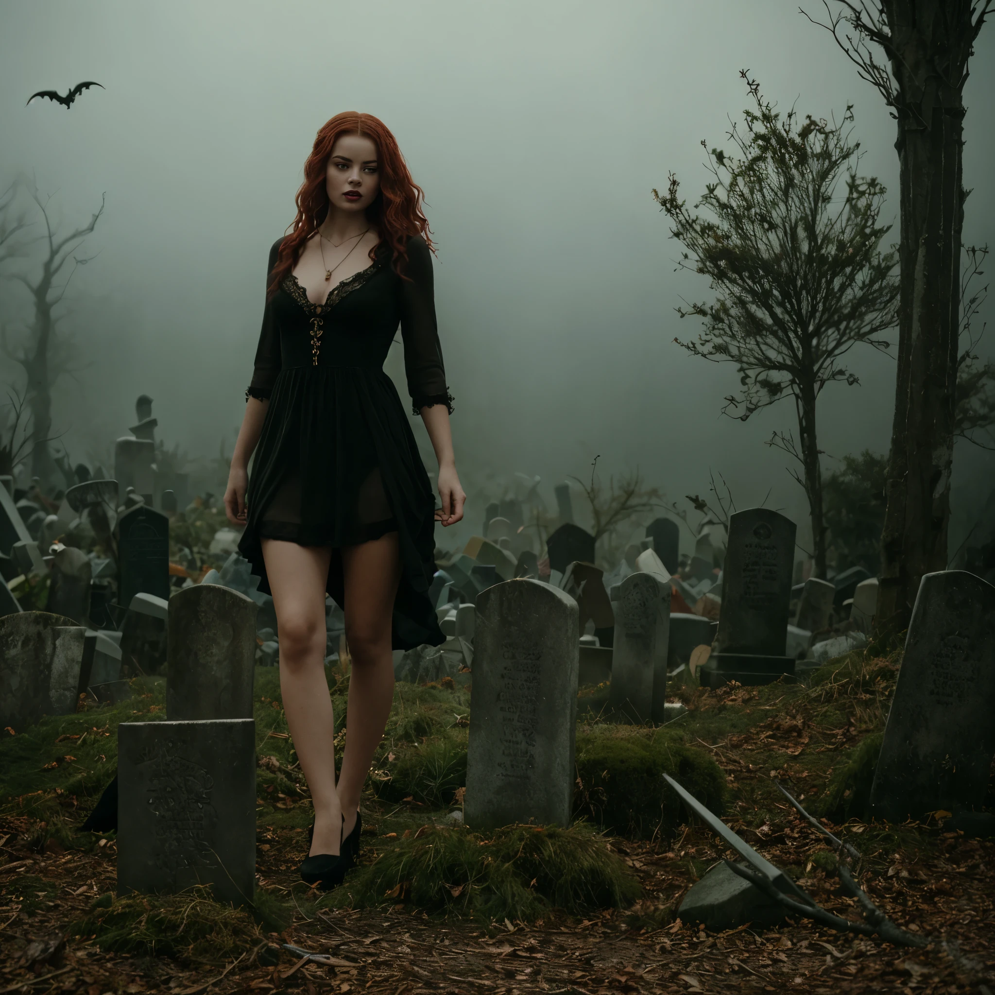 arafed woman in a black dress with short messy wavy red hair and a necklace, lotr, promotional still, joy vampire queen, artstyle tom bagshaw, beautiful female vampire, carmilla vampire, portrait of a elder witch, vampire fashion, samara weaving vampire, tom bagshaw weta studio, with red hair, photo still, witchy clothing, beautiful female witch in fog filled graveyard, full body figure