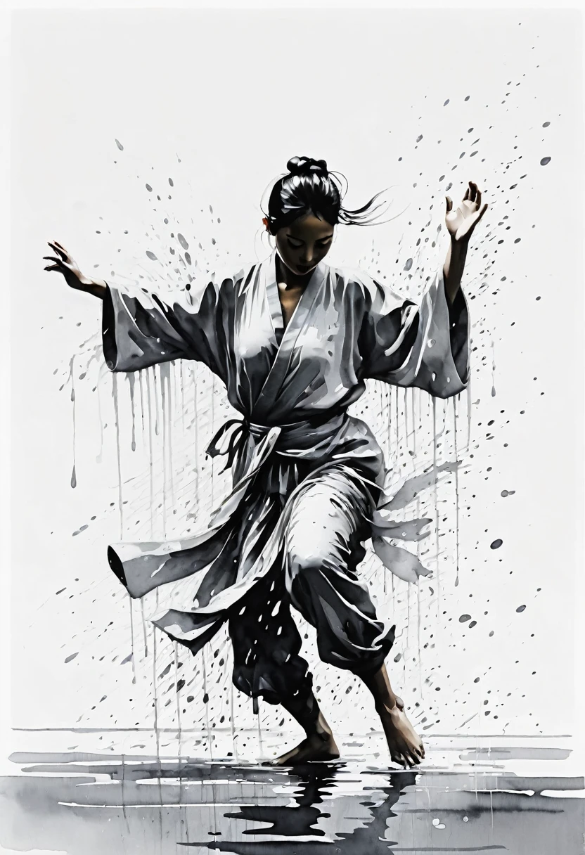 中国Ink Painting, Gray and White, Minimum,White background,Waterway, Minimalism, Huge negative space, Ink Painting, Abstract,heavy rain,A person dancing in the rain