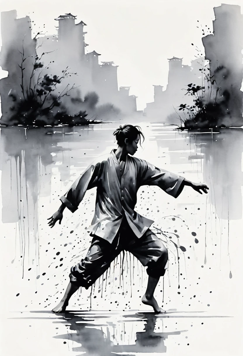 中国Ink Painting, Gray and White, Minimum,White background,Waterway, Minimalism,  Huge negative space, Ink Painting, Abstract，heavy rain，A person dancing in the rain