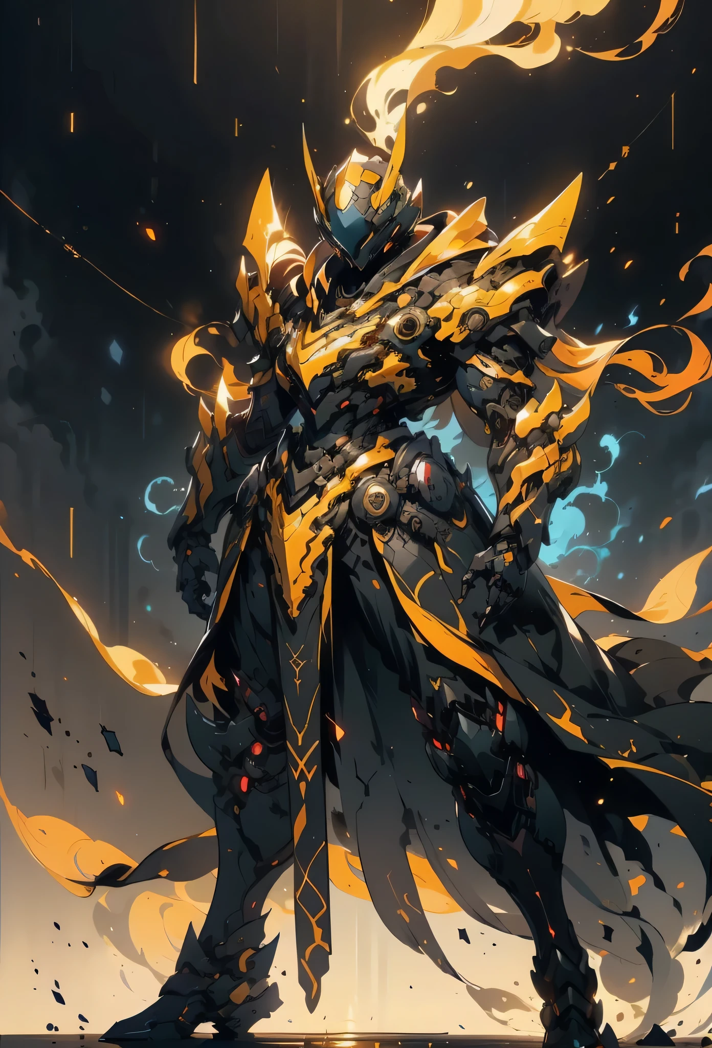 A woman adorned in fantasy-style full-body armor, a crown-concept fully enclosed helmet that unveils only her eyes, a composite layered chest plate, fully encompassing shoulder and hand guards, a lightweight waist armor, form-fitting shin guards, the overall design is heavy-duty yet flexible, ((the armor gleams with a golden glow, complemented by red and blue accents)), exhibiting a noble aura, she floats above a fantasy-surreal high-tech city, this character embodies a finely crafted fantasy-surreal style armored hero in anime style, exquisite and mature manga art style, (Queen bee mixed with Spider concept Armor, plasma, blood), ((Element, energy, elegant, goddess, femminine:1.5)), metallic, high definition, best quality, highres, ultra-detailed, ultra-fine painting, extremely delicate, professional, anatomically correct, symmetrical face, extremely detailed eyes and face, high quality eyes, creativity, RAW photo, UHD, 32k, Natural light, cinematic lighting, masterpiece-anatomy-perfect, masterpiece:1.5