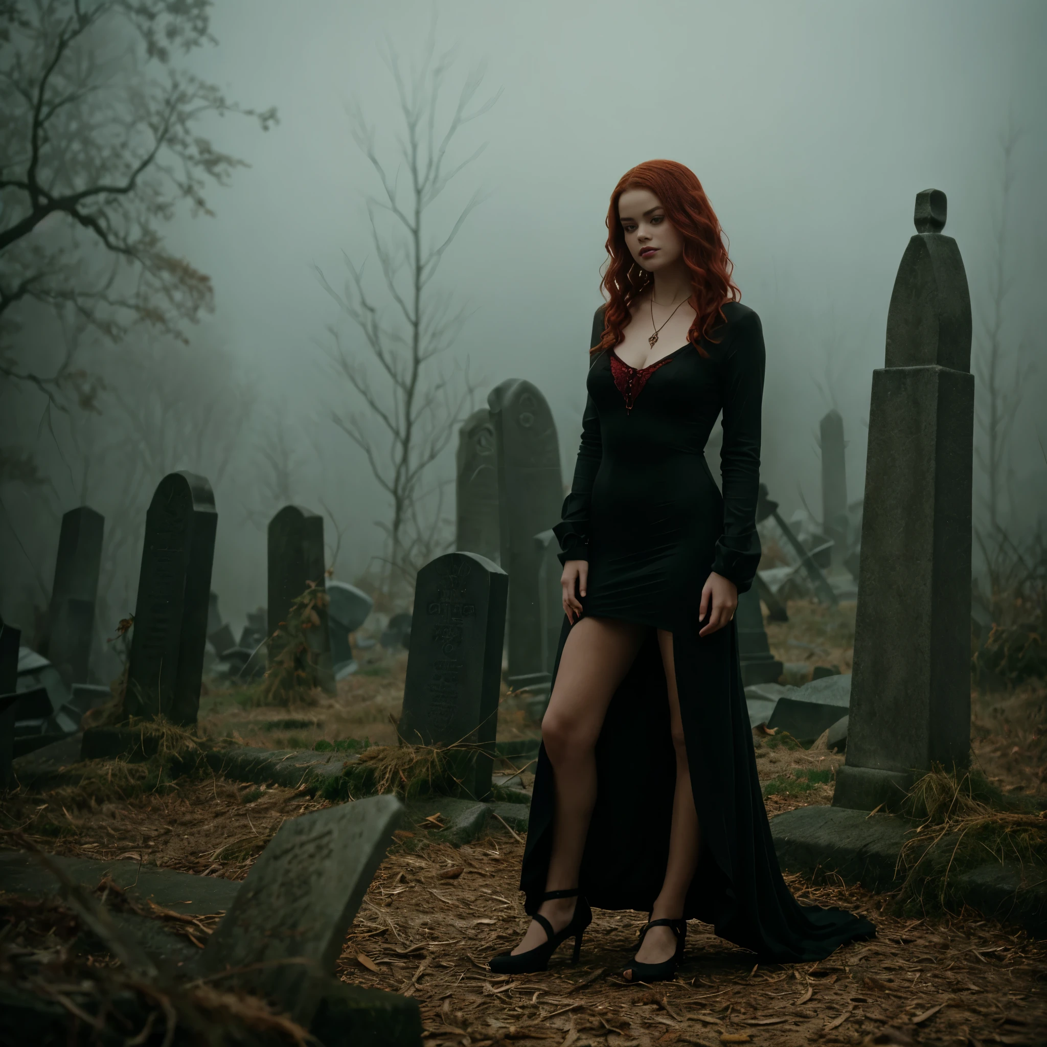 arafed woman in a black dress with short messy wavy red hair and a necklace, lotr, promotional still, joy vampire queen, artstyle tom bagshaw, beautiful female vampire, carmilla vampire, portrait of a elder witch, vampire fashion, samara weaving vampire, tom bagshaw weta studio, with red hair, photo still, witchy clothing, beautiful female witch in fog filled graveyard, full body figure