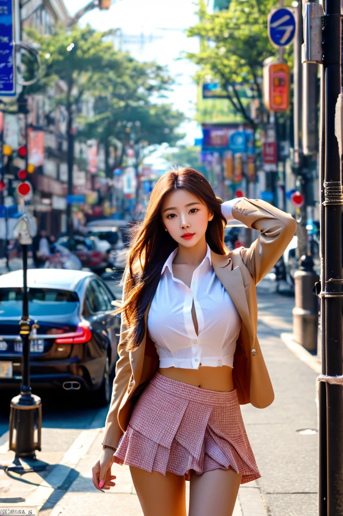a 17 year old girl, she is the most beautiful actress in the world, the perfect body proportions of this girl, her clothed large breasts, the shirt within blazer, her crotch area of the panties are hardly hidden by short skirt, her bare legs, it's just one description in one frame, it's just front of her body, no space between her head and top frame, she is standing at the city street, nsfw, best quality, highly detailed, masterpiece, ultra high res, photo realistic, 8k, RAW photo