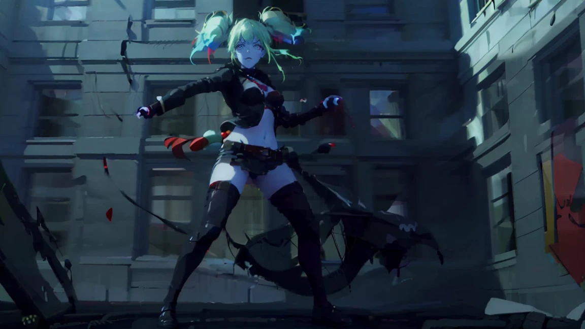 masterpiece, Portrait of a girl, emphasis on the face, Best quality, Super detailed, illustration, beautiful detailed eyes, full length, ((distant view, wide angle 1.31)), On the outside, young woman, Harley Quinn, intricate design, complex shaped lace tights, two hair tails (blue and red tail), sexual, Face to face, split, full length (full body 1.1.), very feminine, fighting stance, (masterpiece), magic photography, Spectacular lighting, Photorealism, ultra detailed, intimate portrait composition, 1. 4,8 k UHD, aesthetic, Cd., A high resolution, 8 k, better lighting, Best shade, Ultra-HD, A high resolution, sharp focus, Complex background, Cinematic lighting, ((Landscape view)), 4K block, (better lighting), ((Cinematic lighting)),