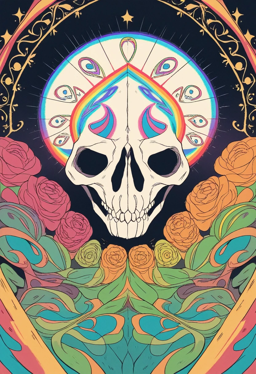 Detailed illustration of a decorated skull, Art inspired by the Day of the Dead, Vibrant colors with gradient effects creating a sense of depth, geometric and floral patterns adorning the skull, mirror images suggesting symmetry, bright elements that suggest a mystical or spiritual aura, rich purples, blues, and greens contributing to a dramatic and captivating visual effect, general feeling of a modernized traditional cultural representation, black backdrop