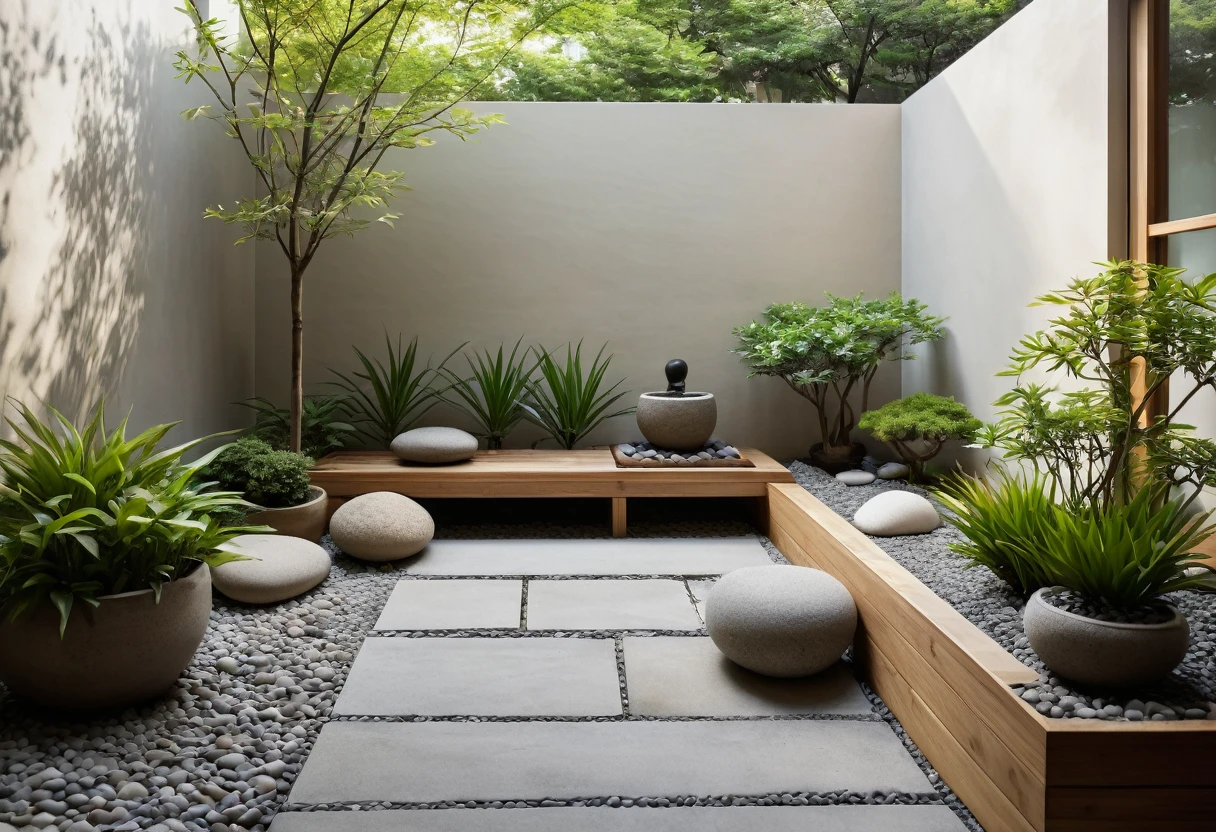 A high-resolution, minimalist Muji style garden corner with a serene ambiance. The space features clean lines and a neutral color palette, incorporating natural materials such as wood and stone. A small zen area with carefully placed pebbles and potted plants creates a peaceful atmosphere. A simple wooden bench provides a cozy spot for relaxation. Subtle decorative elements like bamboo accents and a small water feature add to the tranquility. ((8k)), ((UHD)), high quality detail, depth of field effect, no yapping.