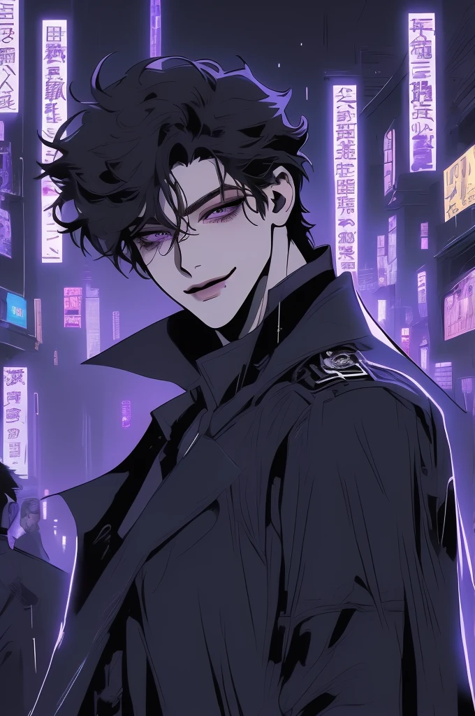 anime man in the night city, attractive man with сиреневые глаза while squinting, adult man, black hair, black loose shirt, (((no decorations on clothes))), beautiful detailed eyes, lilac eyes eyes, squinting, shoulder-length curly hair, (Best quality,4K,8 k,A high resolution,masterpiece:1.2), ultra detailed, bright colors, dark lighting, Cinematic, A sly smile on his face, long hair