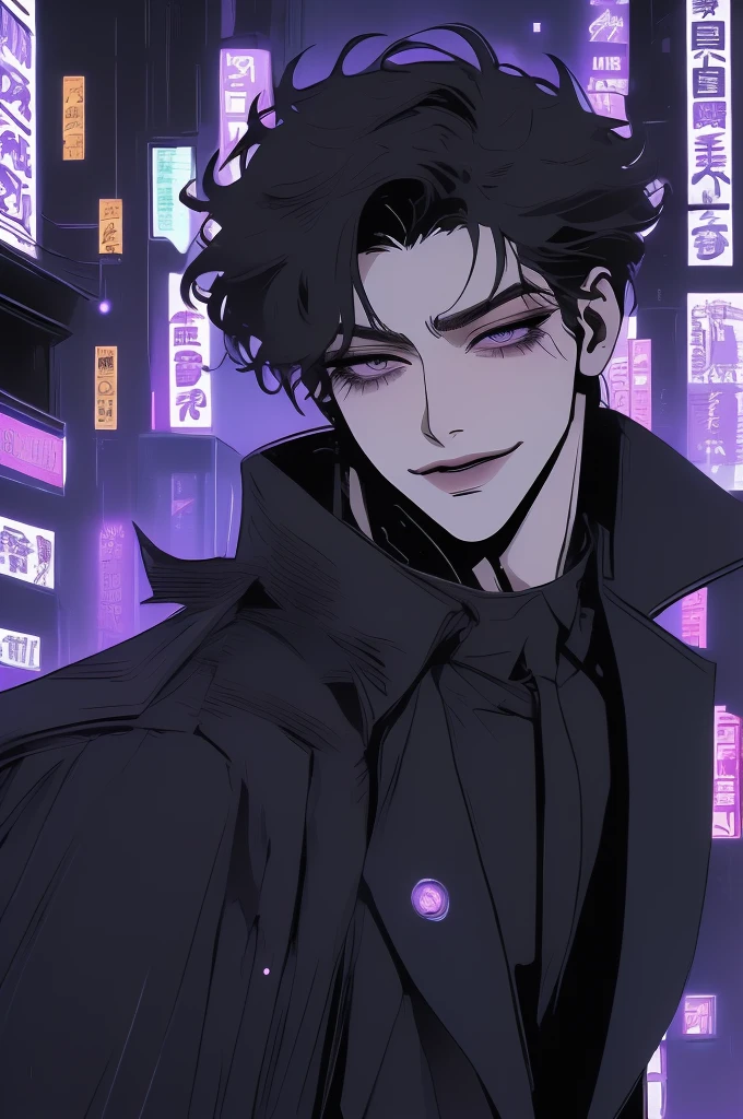 anime man in the night city, attractive man with сиреневые глаза while squinting, adult man, black hair, black loose shirt, (((no decorations on clothes))), beautiful detailed eyes, lilac eyes eyes, squinting, shoulder-length curly hair, (Best quality,4K,8 k,A high resolution,masterpiece:1.2), ultra detailed, bright colors, dark lighting, Cinematic, A sly smile on his face, long hair