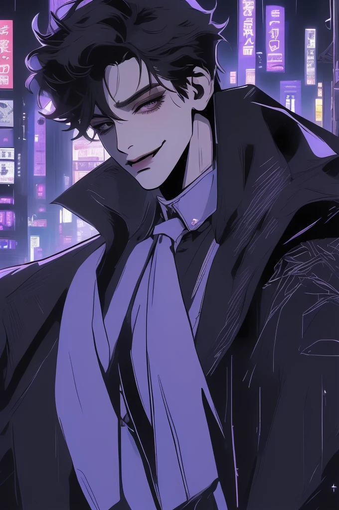 anime man in the night city, attractive man with сиреневые глаза while squinting, adult man, black hair, black loose shirt, (((no decorations on clothes))), beautiful detailed eyes, lilac eyes eyes, squinting, shoulder-length curly hair, (Best quality,4K,8 k,A high resolution,masterpiece:1.2), ultra detailed, bright colors, dark lighting, Cinematic, A sly smile on his face, long hair