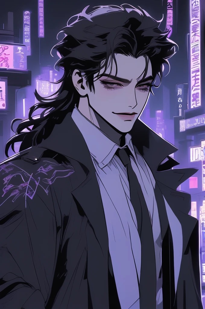 anime man in the night city, attractive man with сиреневые глаза while squinting, adult man, black hair, black loose shirt, (((no decorations on clothes))), beautiful detailed eyes, lilac eyes eyes, squinting, shoulder-length curly hair, (Best quality,4K,8 k,A high resolution,masterpiece:1.2), ultra detailed, bright colors, dark lighting, Cinematic, A sly smile on his face, long hair