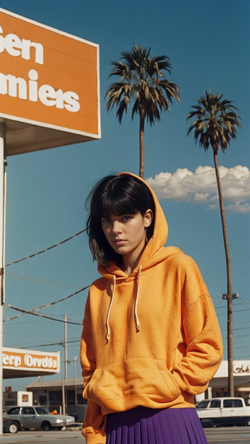 portrait of a 23 yo girl, (perfect natural breast) ,wear (((color orange oversized hoodie))), wear ((purple tennis skirt)),looking front,Best Quality,Masterpiece,Ultra High Resolution,(Realisticity:1.4),Original Photo, 1Girl, light leak,ultra high resolution,UHD,beautiful, (black bob hair), almond eye, no makeup, in front of ((80's gas station)), (realistic:1.2), (surreal:1.3), (very detailed:1.1), ((masterpiece)),summer, blue sky, palm trees,sunny, los angles vibes,film camera, 800mm lens,style of Philip Lorca diCorcia