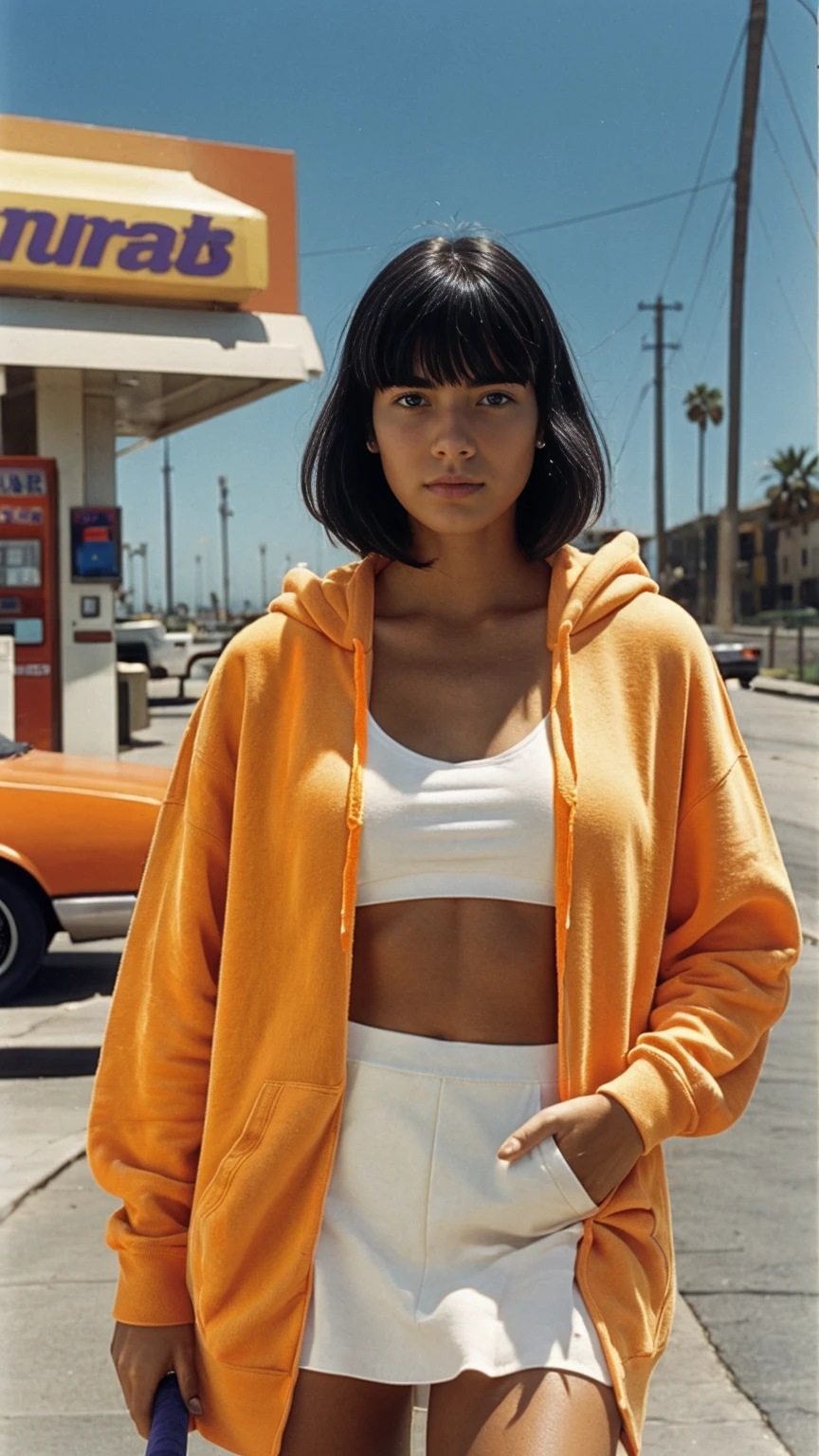 portrait of a 23 yo girl, (perfect natural breast) ,wear (((color orange oversized hoodie))), wear ((purple tennis skirt)),looking front,Best Quality,Masterpiece,Ultra High Resolution,(Realisticity:1.4),Original Photo, 1Girl, light leak,ultra high resolution,UHD,beautiful, (black bob hair), almond eye, no makeup, in front of ((80's gas station)), (realistic:1.2), (surreal:1.3), (very detailed:1.1), ((masterpiece)),summer, blue sky, palm trees,sunny, los angles vibes,film camera, 800mm lens,style of Philip Lorca diCorcia