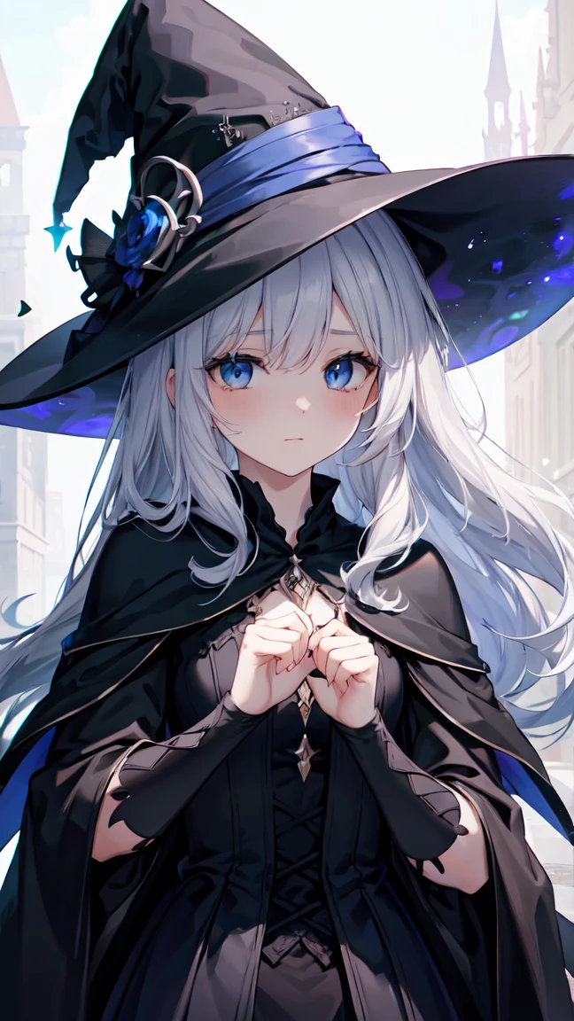 ((🧙‍♀️)), (black hat), {{{{masterpiece}}}, {{{}}}, {{{high resolution}}}, {{excellent anatomy}}, (((best quality))), (((very delicate and beautiful)), {{ and delicate}}, {{illustration}}, happy magic, magic effect, magic circle, gradient, cute witch, blue eyes, grey hair, long hair, highly detailed