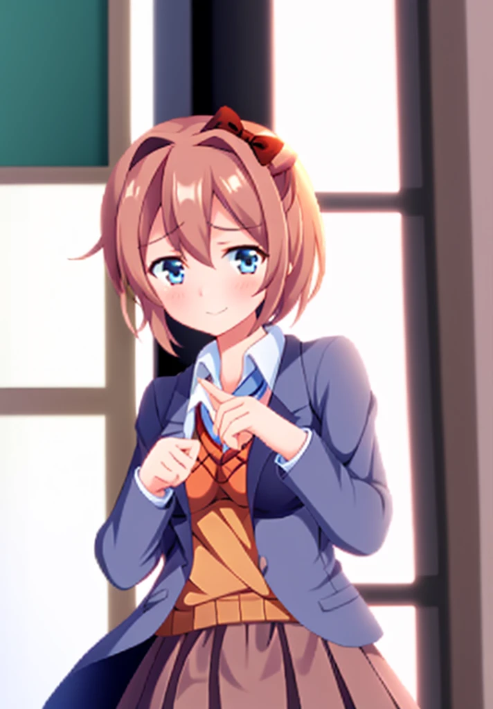 one girl, Sayori, DDLC, school blazer, hair bow, close to girl, light blue eyes, beautiful, index finders together, ashamed, blush, upward glance, dry smile, index finders, shifty eyes, short skirt, girl focus