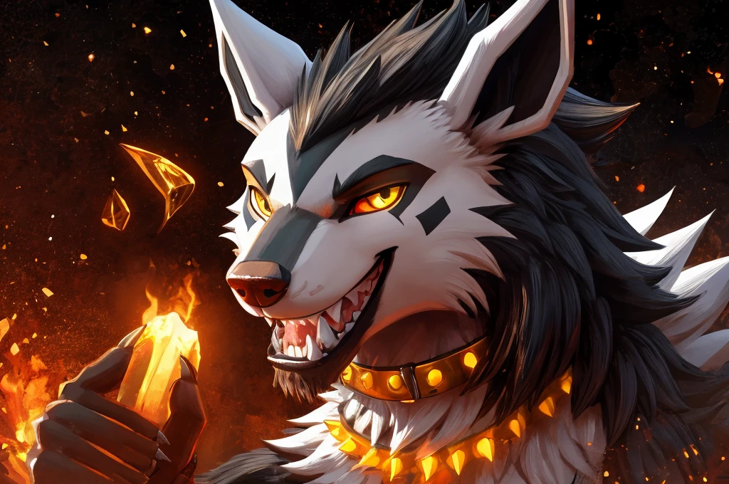 Macro Male Mightyena (pokemon), smug expression, big teeth, high contrast, 8k HD, detailed, hyper-detailed, primary fur Grey, secondary fur Black, yellow eyes, orange spiky collar, best quality, ultra high res, Bully, Teasing, Flirty, Being worshipped
