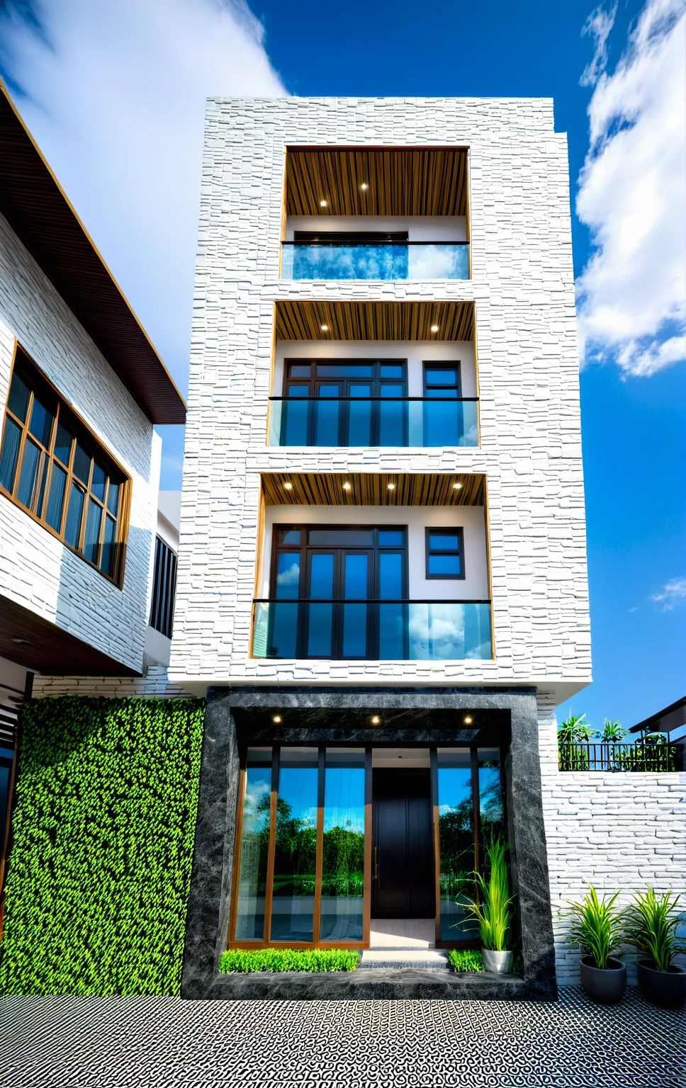 masterpiece, High Quality, best quality, true, super detailed, out side, yay, yaygroup, Stylized house facade, stone walling, phong cách ngôi nhà hiện đại trên sugar phố, white wall, trần ốp gỗ, sugar, pavement, grass, plant, firmament, cloud, (daylight :1.1)